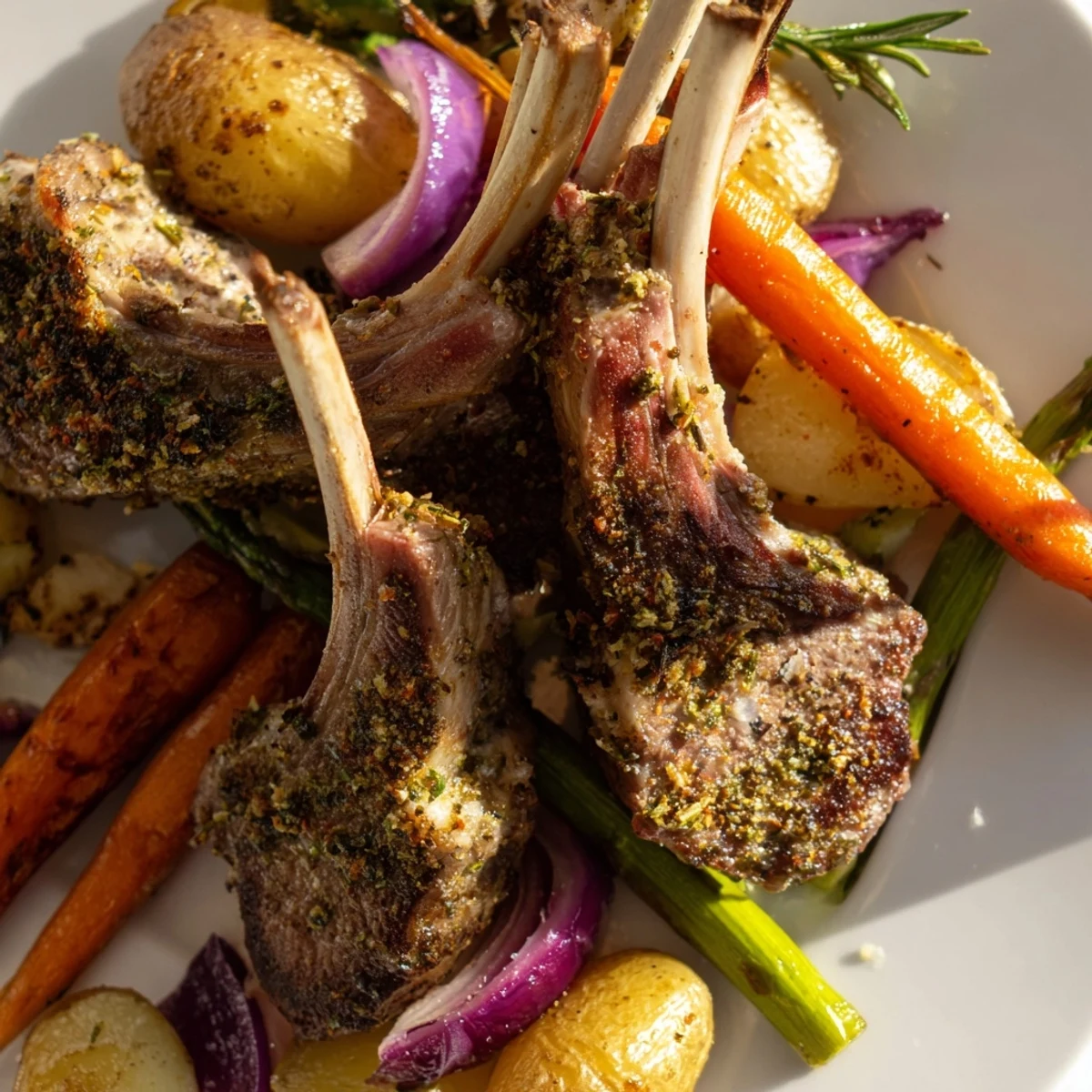 Golden lamb chops nestled among roasted potatoes, carrots, and asparagus on a single pan.