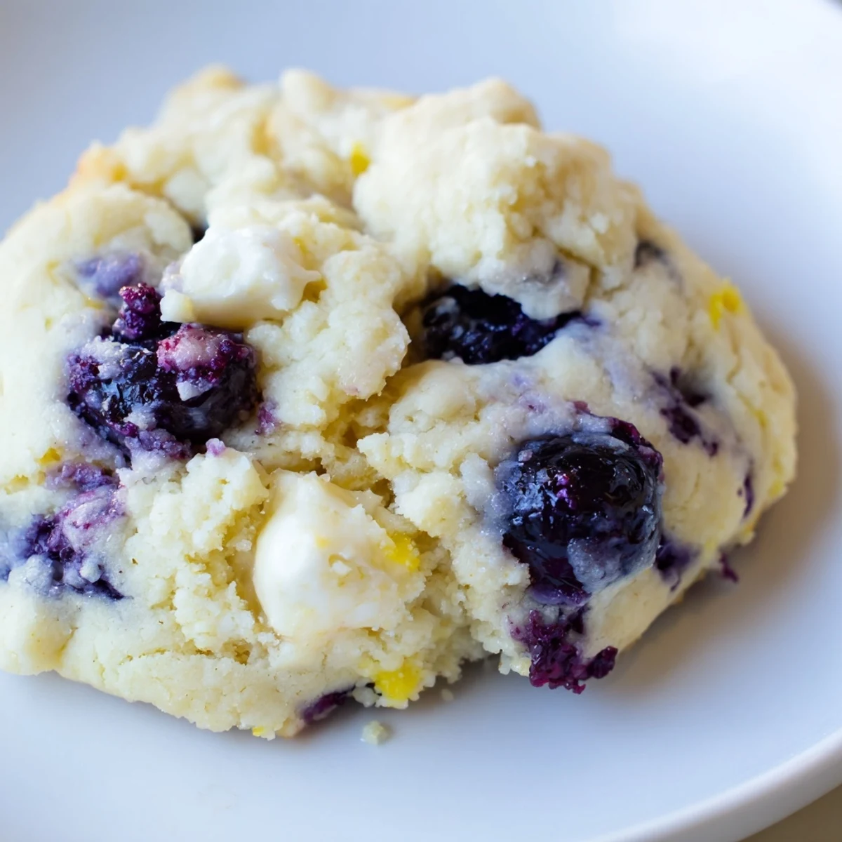 Fresh blueberries bursting from chewy lemon blueberry cheesecake cookies on rustic baking sheet