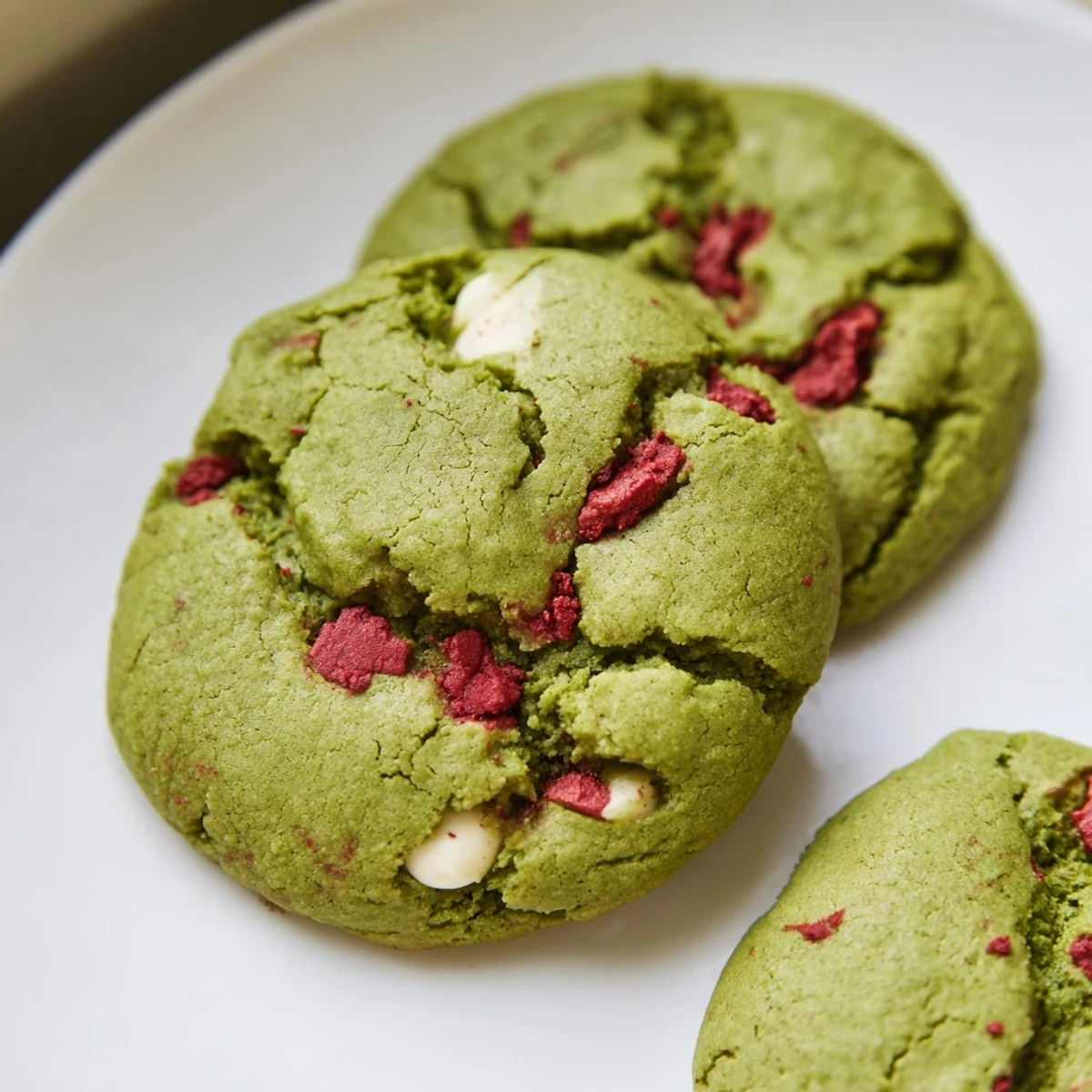 Soft chewy strawberry matcha cookies with bright green color and red berry pieces scattered throughout