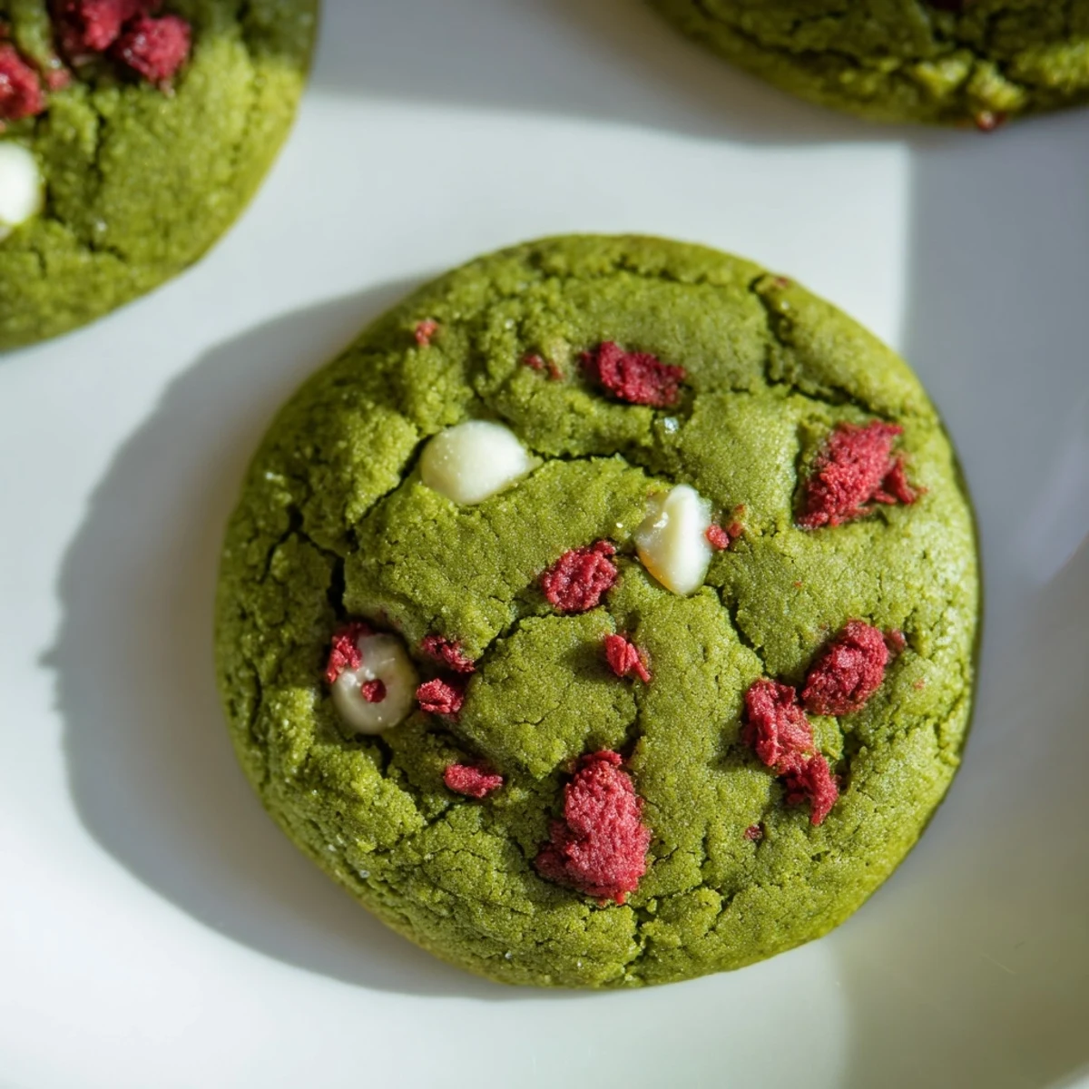 Fresh-baked strawberry matcha cookies on a cooling rack showing vibrant green dough and sweet pink flecks