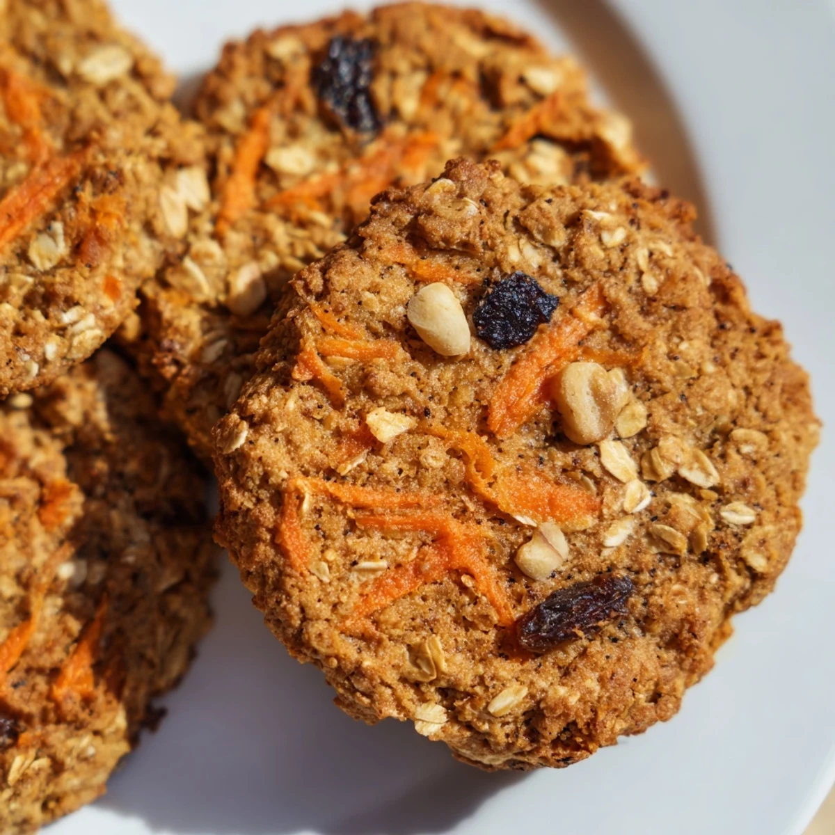 Chewy carrot cake cookies with visible oats and shredded carrots on a rustic baking sheet