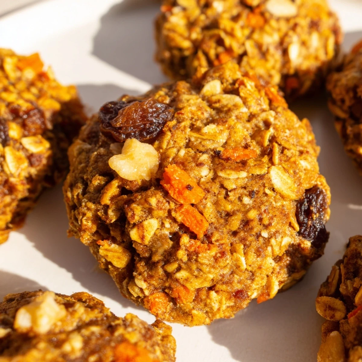 Golden chewy carrot cake cookies loaded with raisins and crunchy walnuts stacked together