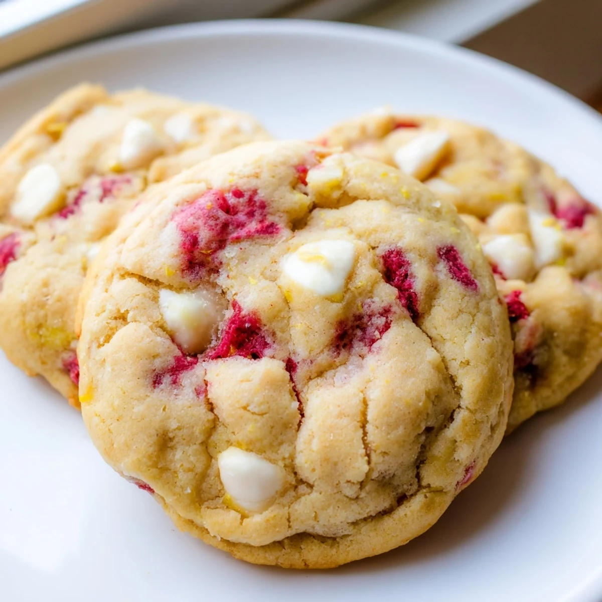 Golden Lemon Raspberry Cookies with juicy berry bits scattered on a rustic white baking sheet
