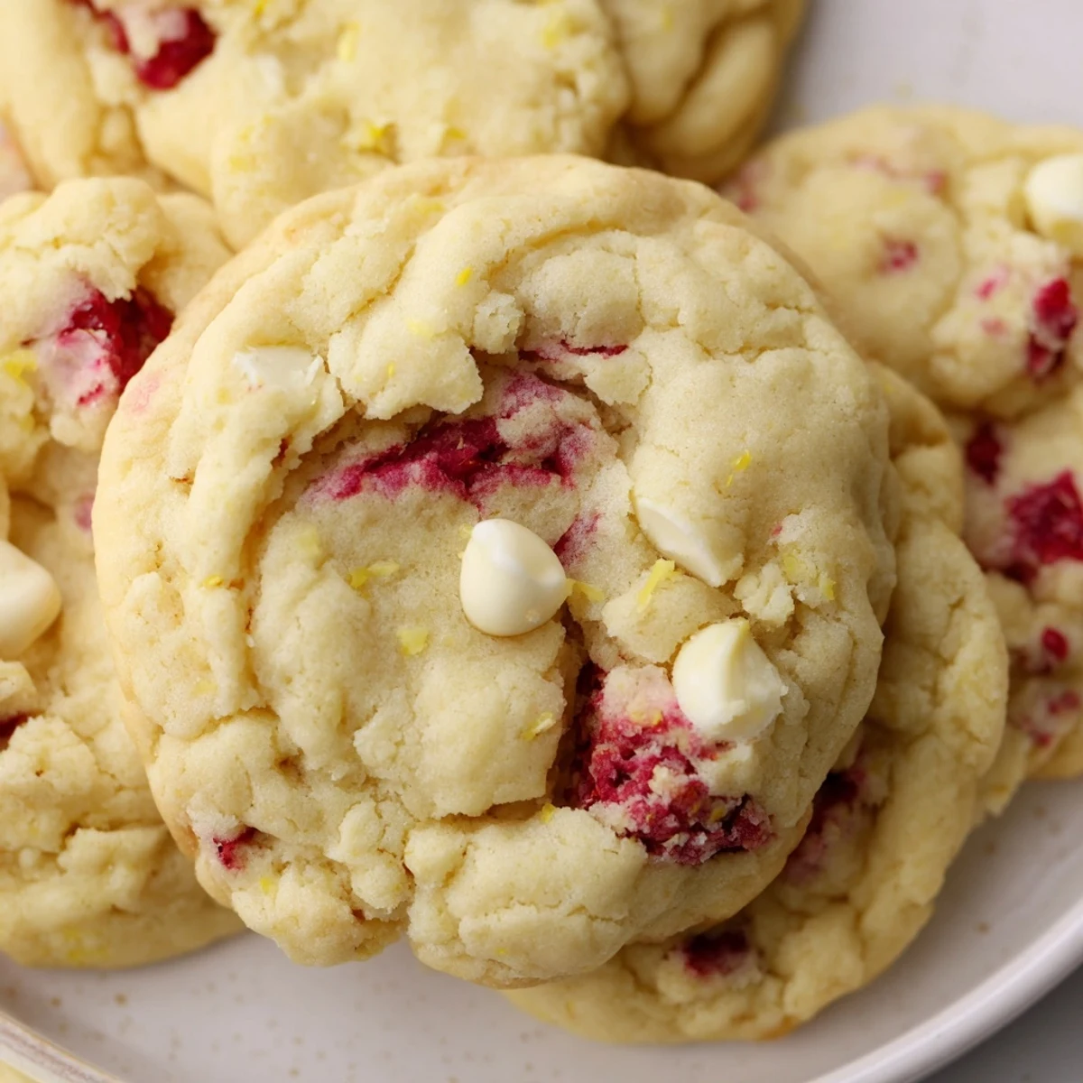 Soft chewy Lemon Raspberry Cookies fresh from oven with slightly crisp edges and tender centers