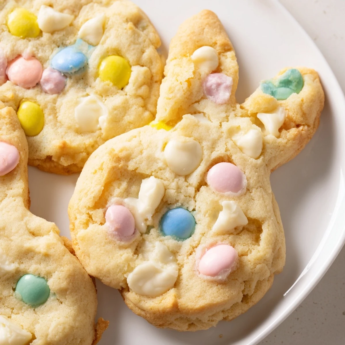 Soft M&M Bunny Cookies topped with colorful pastel candies on a rustic baking sheet