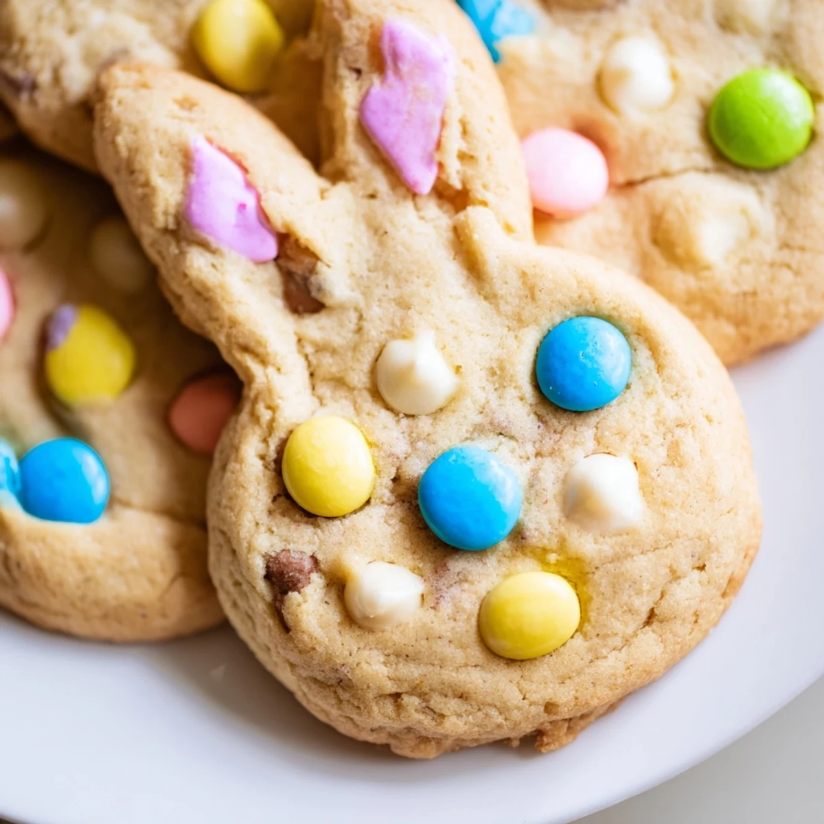 Chewy M&M Bunny Cookies with melty chocolate chips arranged on a white serving plate