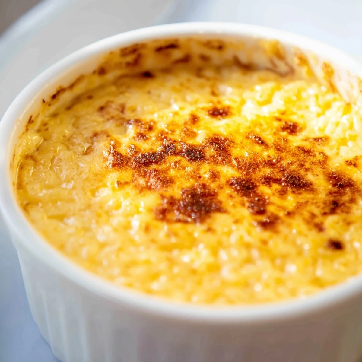 Creamy Portuguese rice custard in ramekins topped with golden cinnamon sugar sprinkled generously