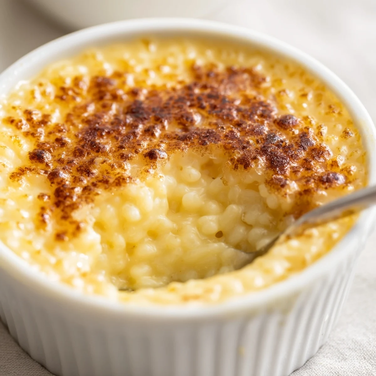 Silky Portuguese rice custard swirled with warm spices in elegant individual serving dishes