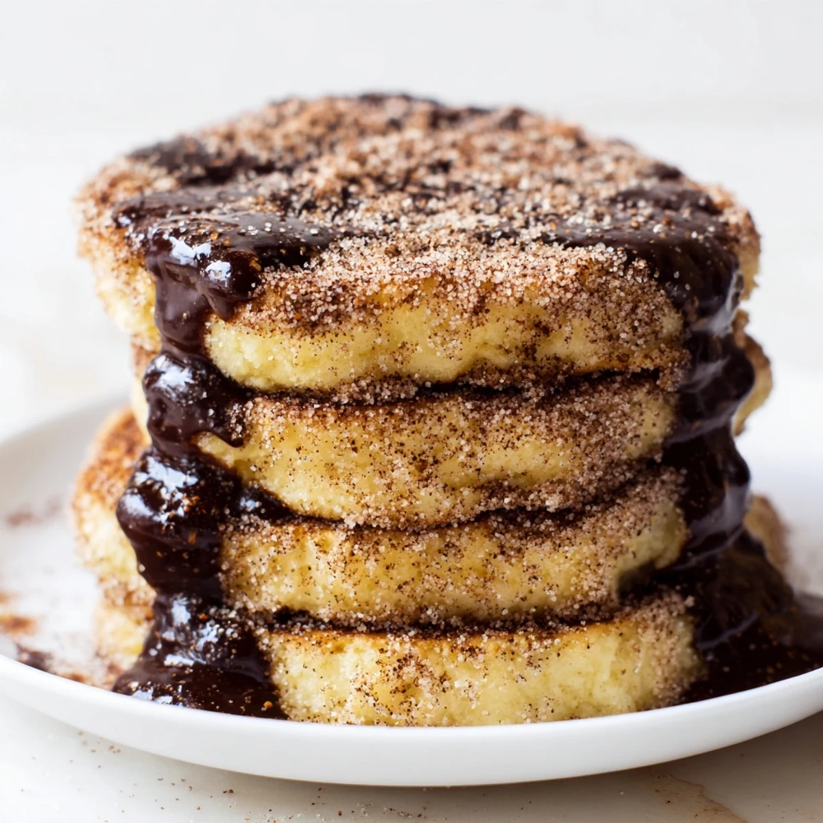 Stack of Spanish Churro Pancakes dusted with cinnamon sugar and drizzled with rich chocolate sauce