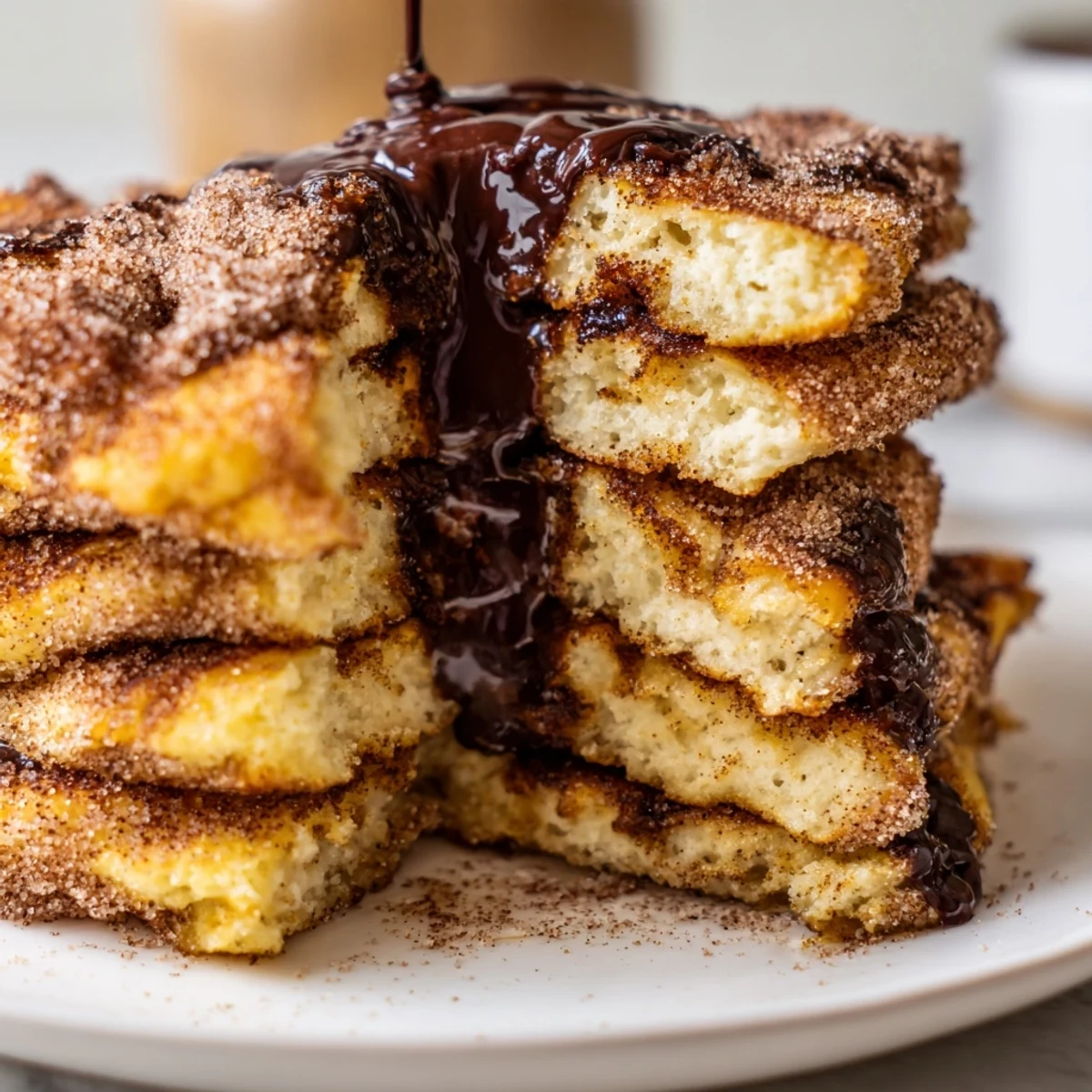 Fluffy Spanish Churro Pancakes coated in sweet cinnamon sugar ready for decadent breakfast dipping