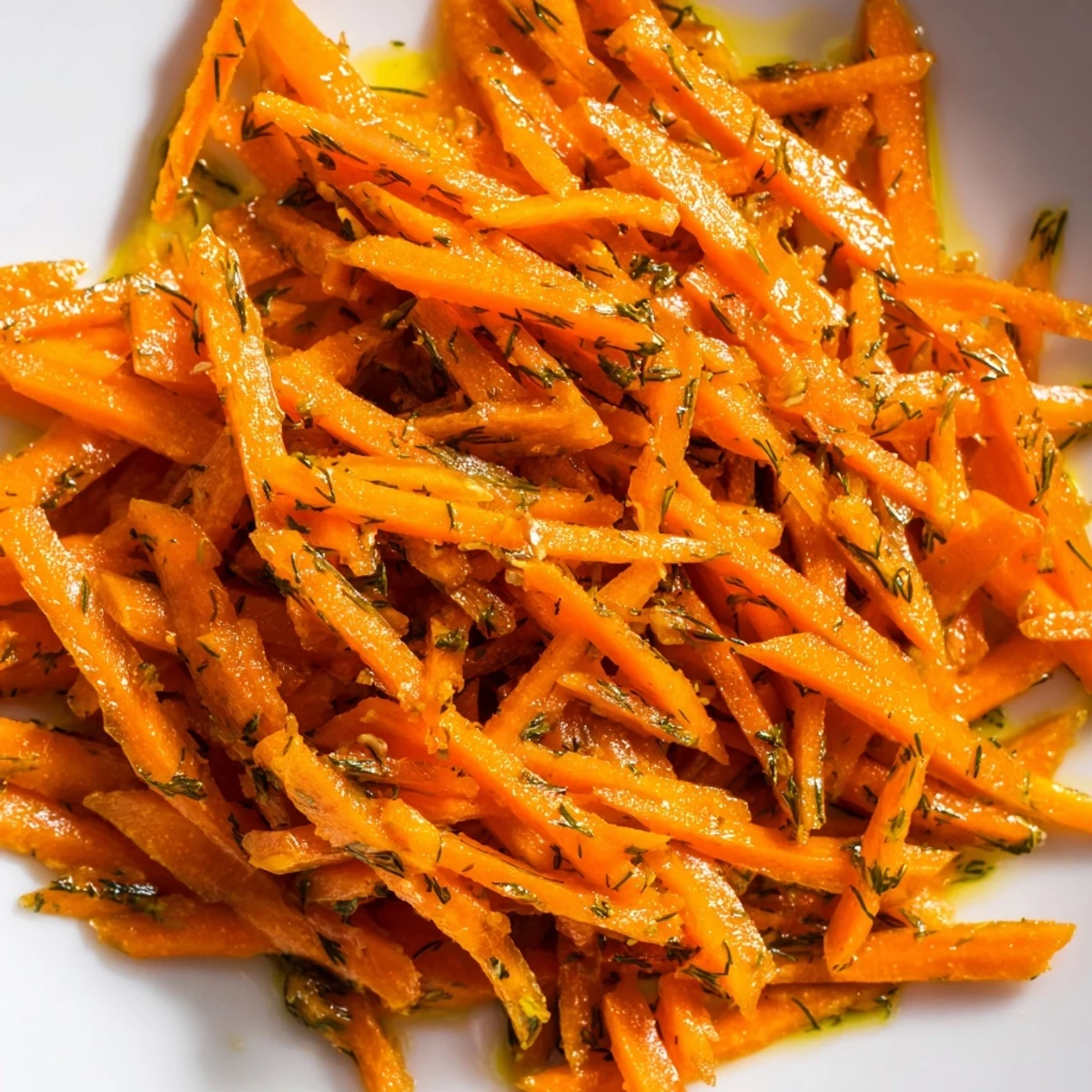Crisp marinated carrot salad glistening with lemon dill dressing in a white serving bowl