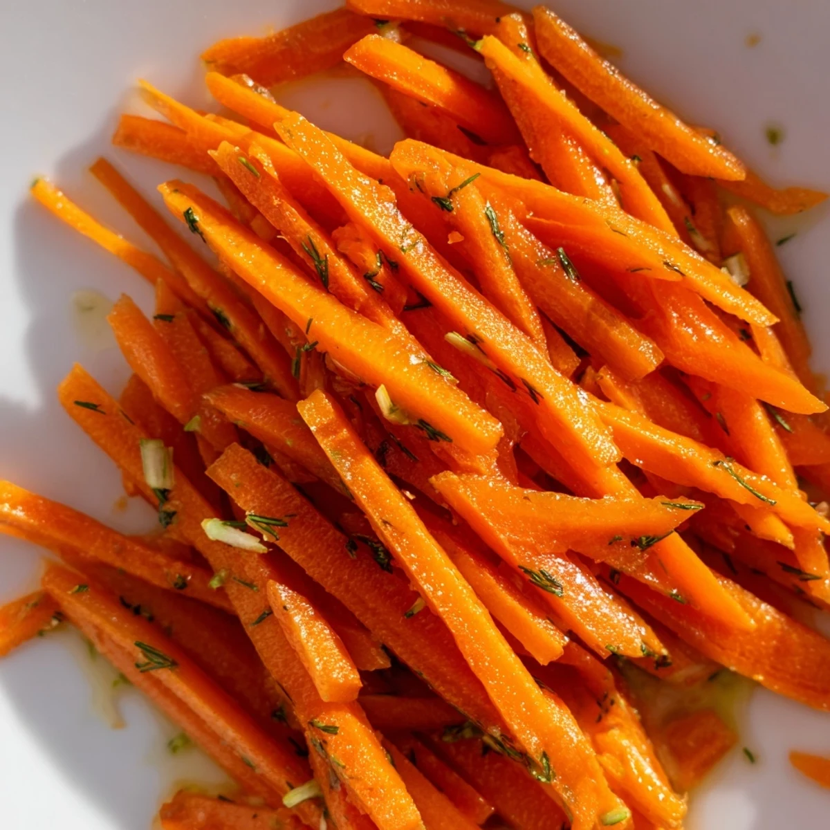 Bright lemon dill carrot salad with julienned strips and fresh herbs on rustic plate