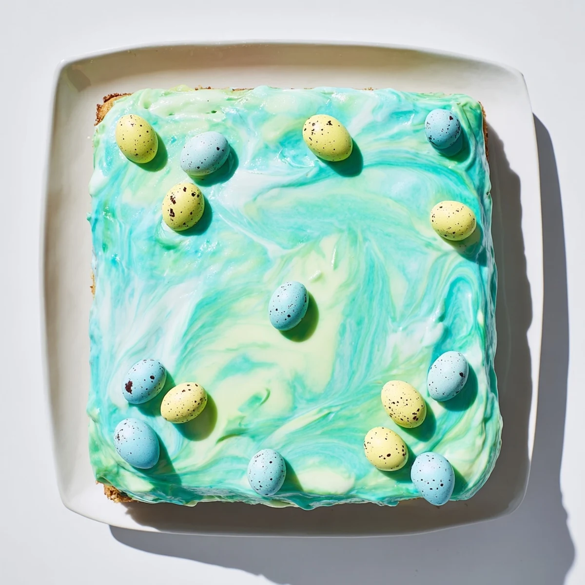 Tender robin egg snack cake topped with pastel glaze and colorful candy-coated chocolate eggs
