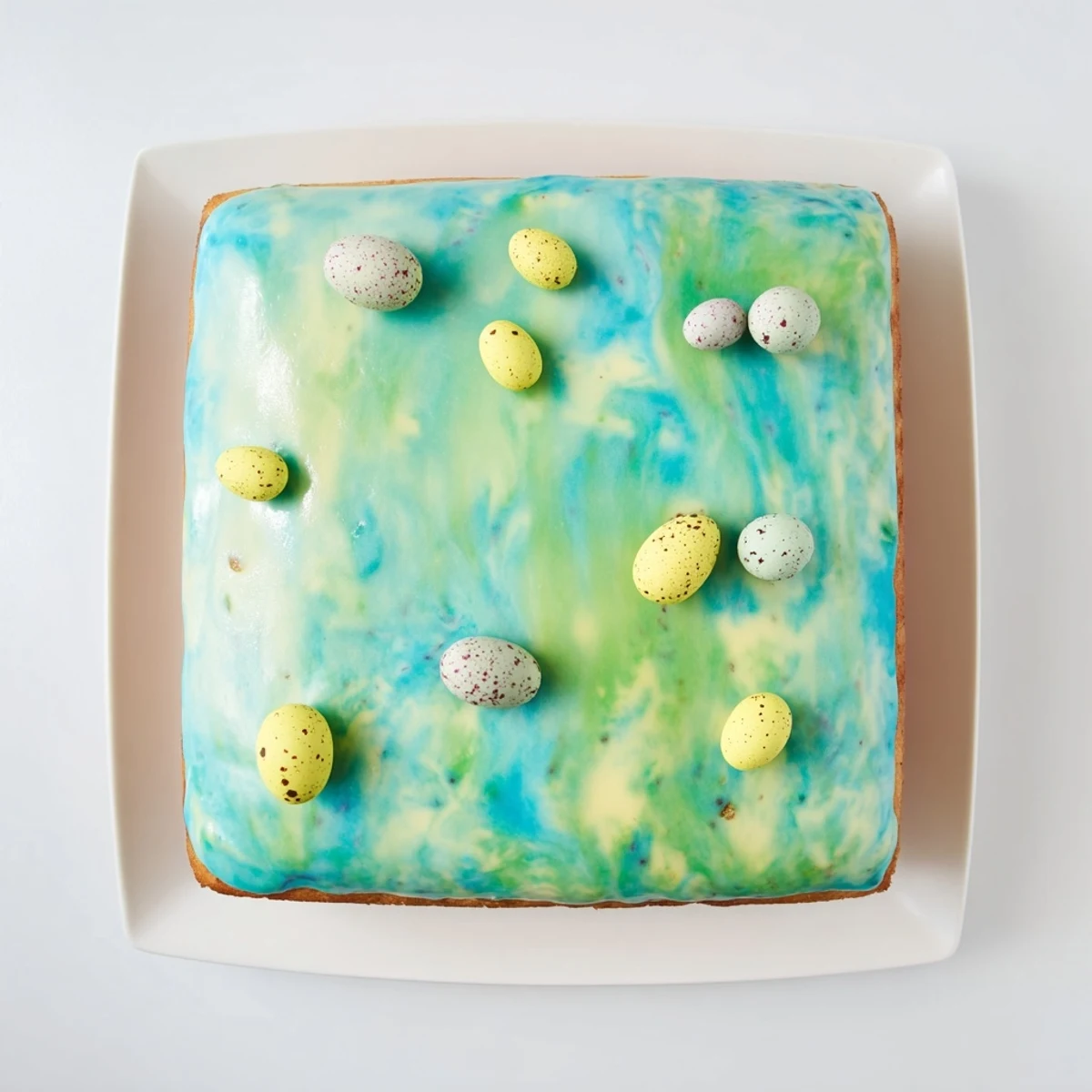 Soft vanilla robin egg snack cake studded with speckled candies and drizzled icing