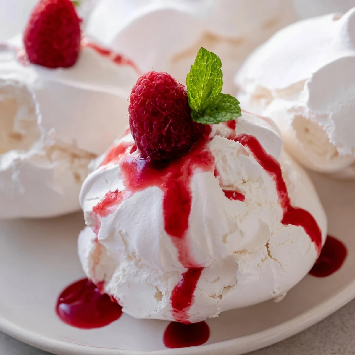 Crispy Pavlova Bombs With Raspberry Coulis topped with fresh berries and mint leaves