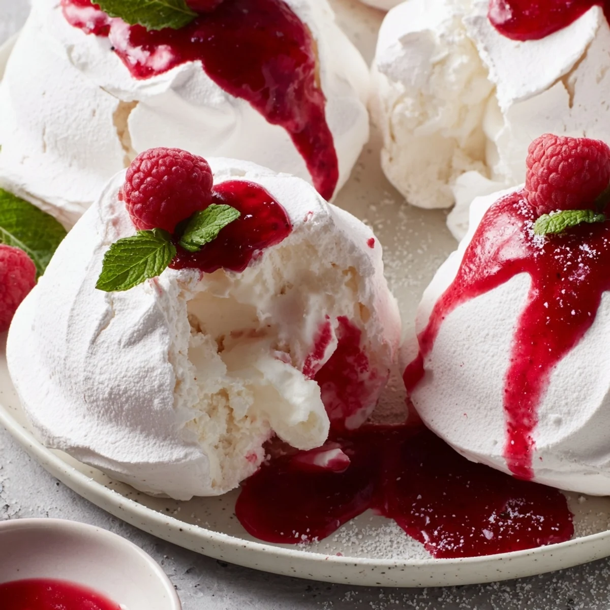 Cream-filled Pavlova Bombs With Raspberry Coulis drizzled with bright red fruit sauce