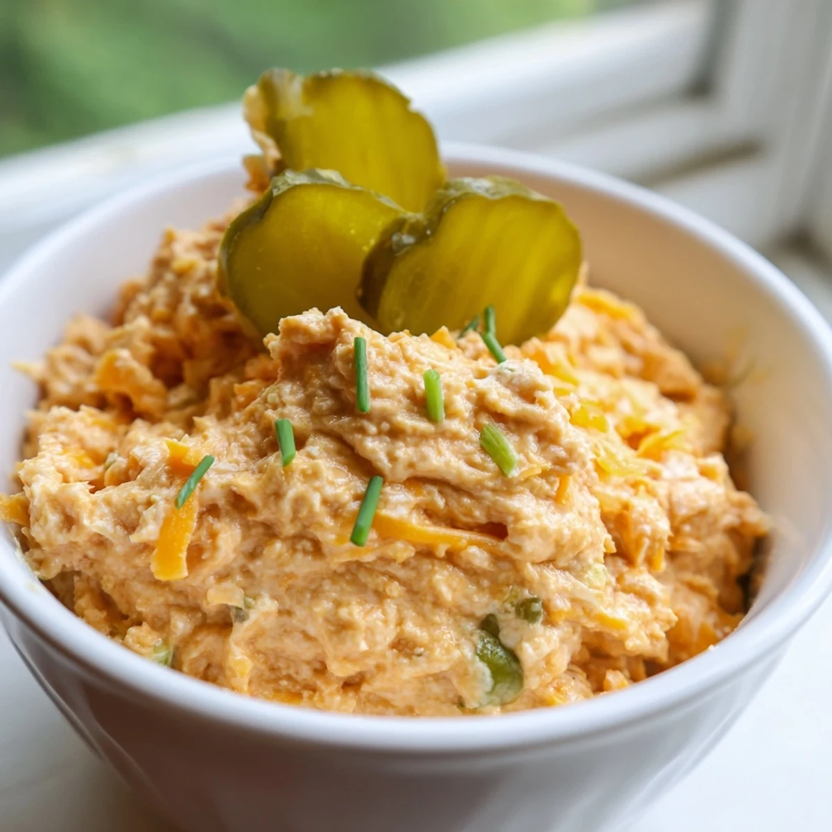 Creamy buffalo pickle dip in a serving bowl surrounded by crispy chips and fresh veggie sticks