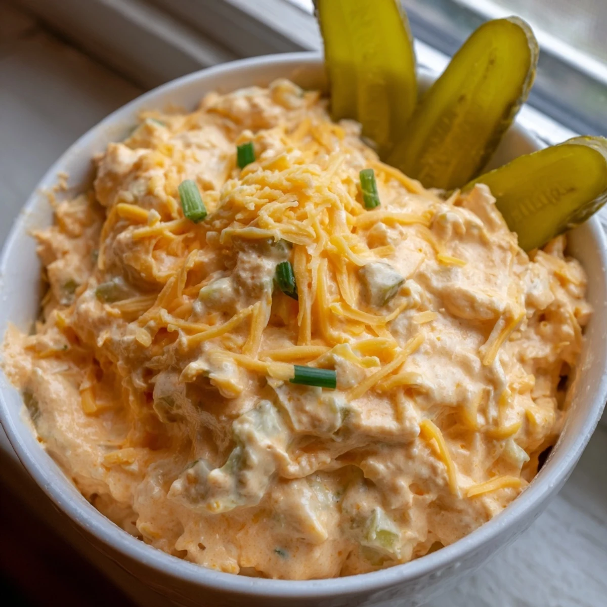 Tangy buffalo pickle dip topped with cheddar cheese and fresh chives ready for party snacking