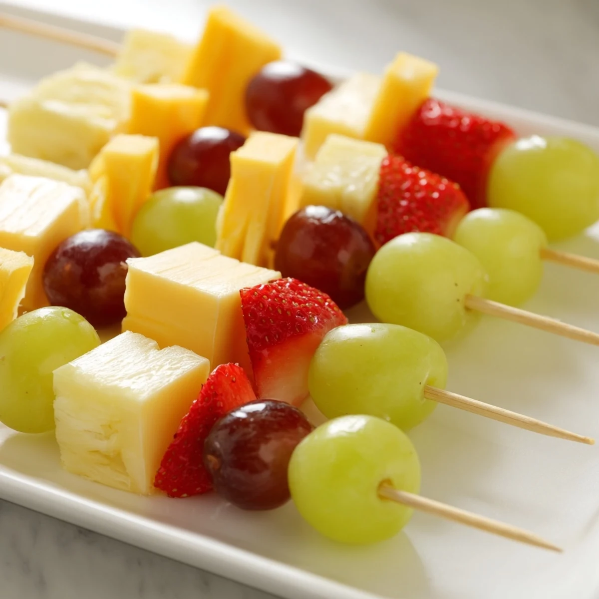 Fresh fruit and cheese kabobs featuring alternating cubes of creamy Monterey Jack and ripe red grapes