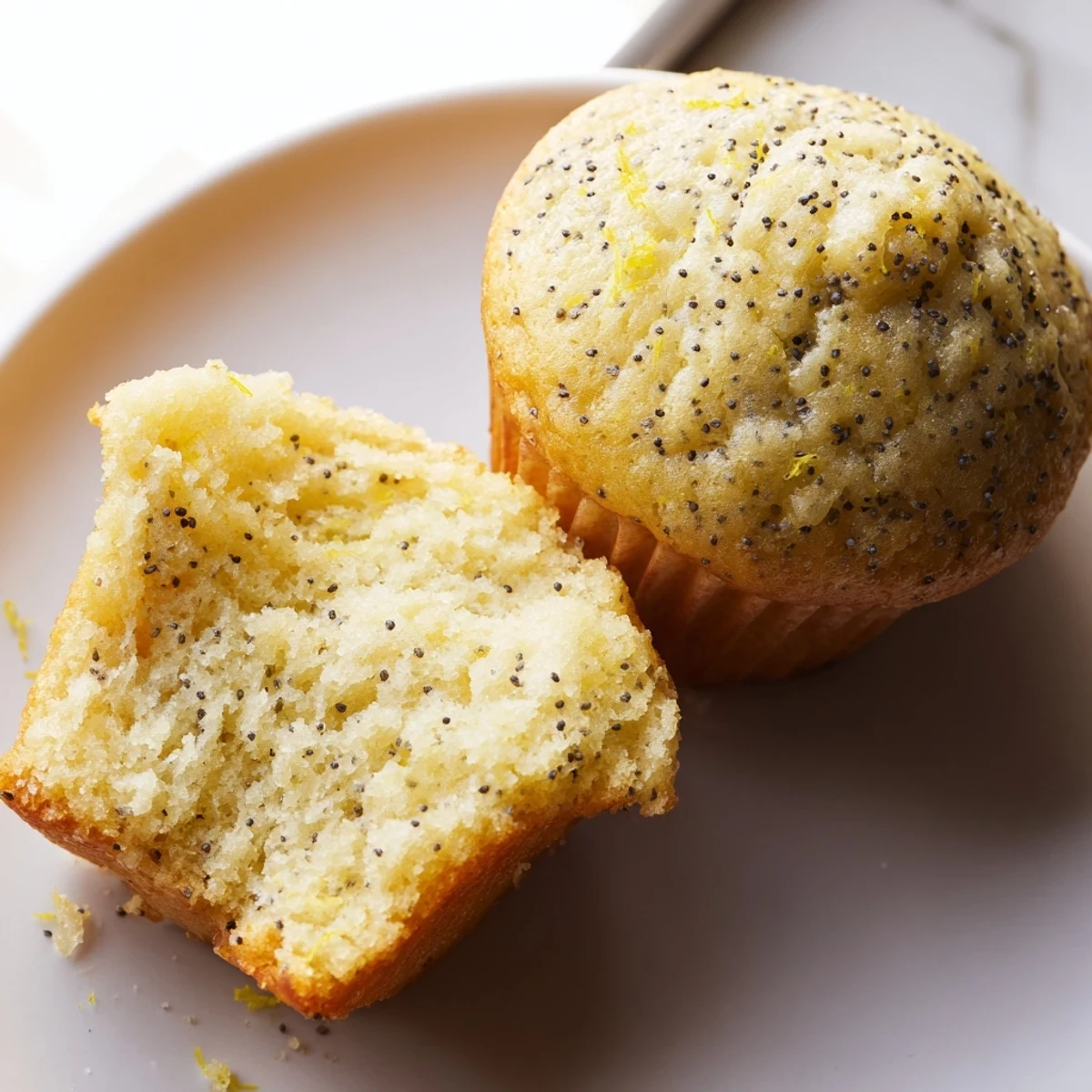 Golden lemon poppy seed muffins with domed tops rest in white paper liners on a rustic wooden board