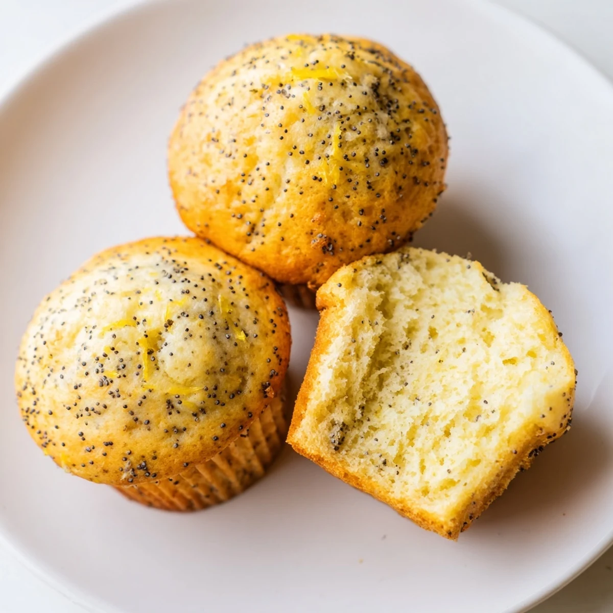 Moist lemon poppy seed muffins studded with tiny black seeds and flecks of bright yellow zest