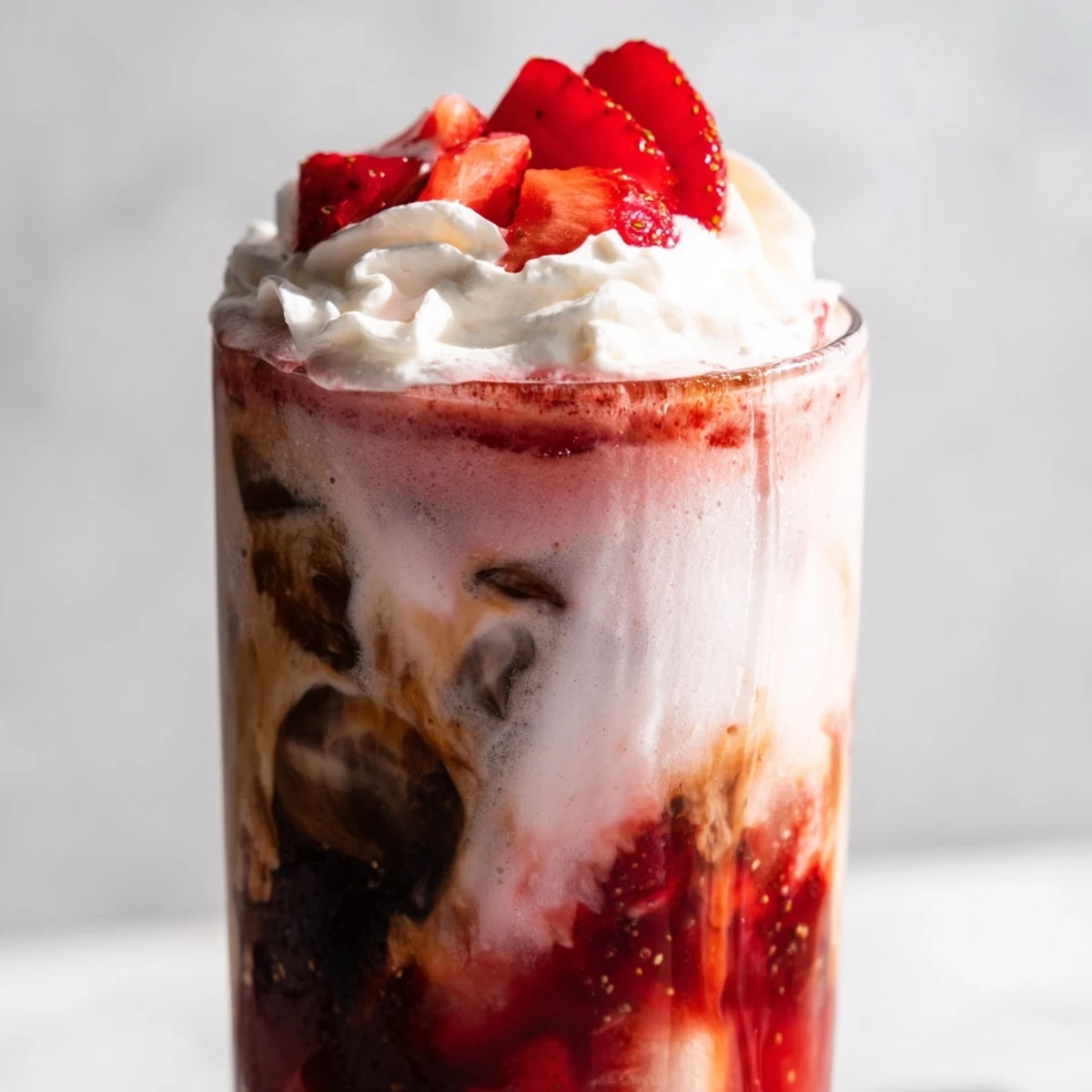 Creamy strawberry cold latte with swirled coffee layers in an ice-filled glass