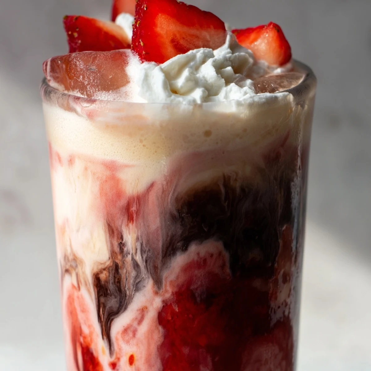 Refreshing strawberry cold latte topped with whipped cream and fresh berry garnish
