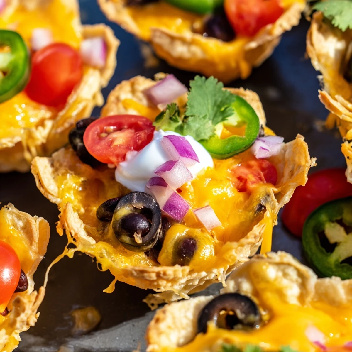 Golden cheesy nacho cups with melted cheese and colorful toppings arranged on a platter