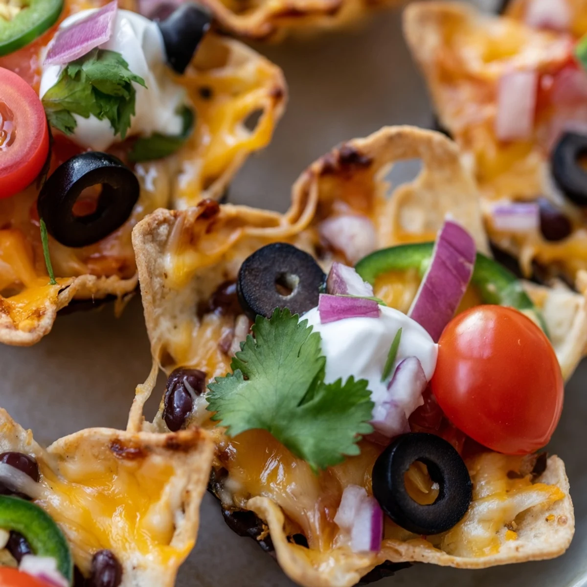 Crispy tortilla cups overflowing with gooey melted cheddar beans and fresh jalapeño slices