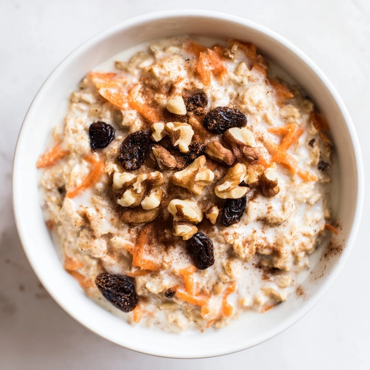 Creamy carrot cake overnight oats in a mason jar topped with crunchy walnuts and cinnamon
