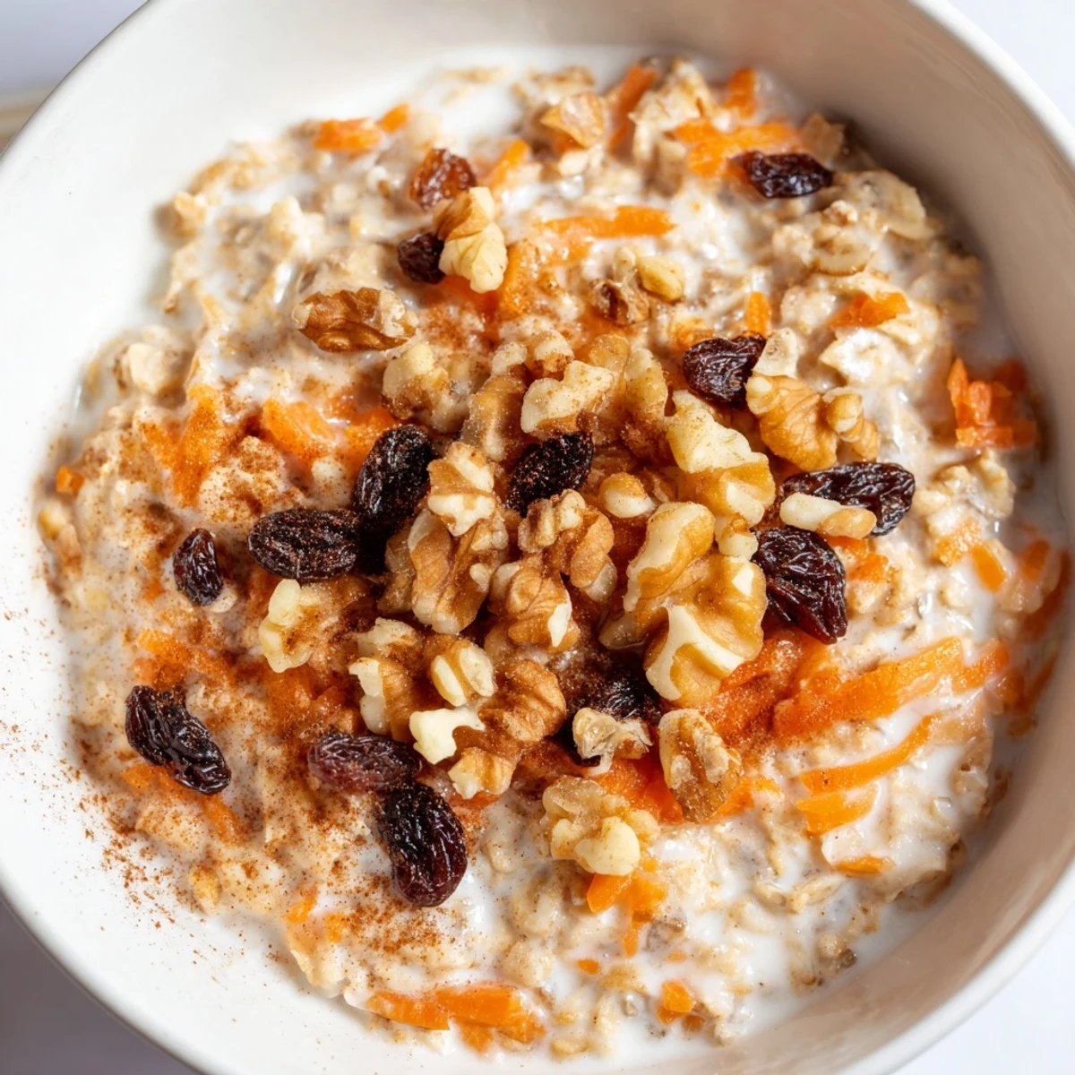 Carrot cake overnight oats with grated carrots, plump raisins, and a dollop of Greek yogurt