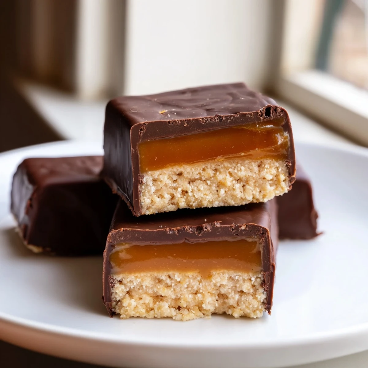 Golden Healthy Twix Bars with glossy chocolate topping and thick date caramel layer