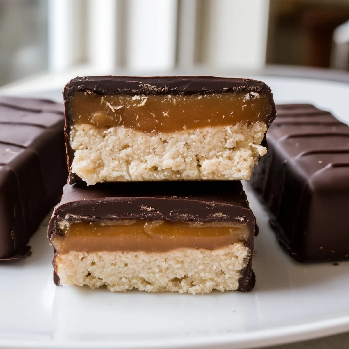 Healthy Twix Bars cut into squares revealing nutty crust and silky caramel filling