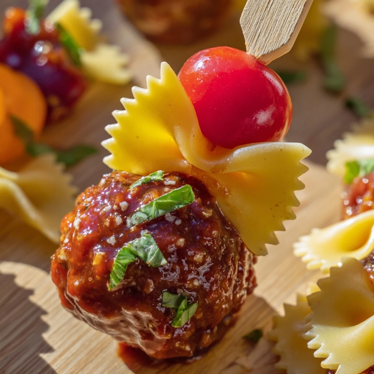 Colorful bowtie pasta and cocktail meatball skewers arranged on a rustic serving platter