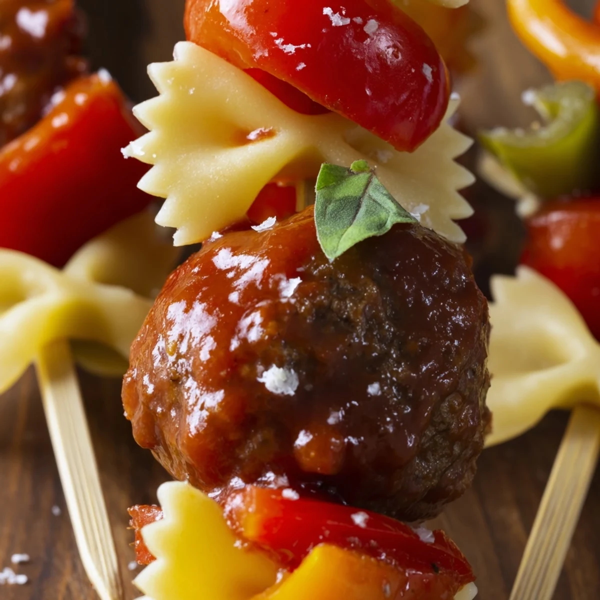 Juicy meatballs alternated with bowtie pasta and vibrant bell peppers on wooden skewers