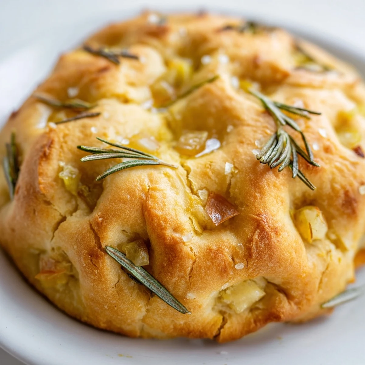 Golden garlic rosemary focaccia muffins topped with olive oil and fresh herb garnish