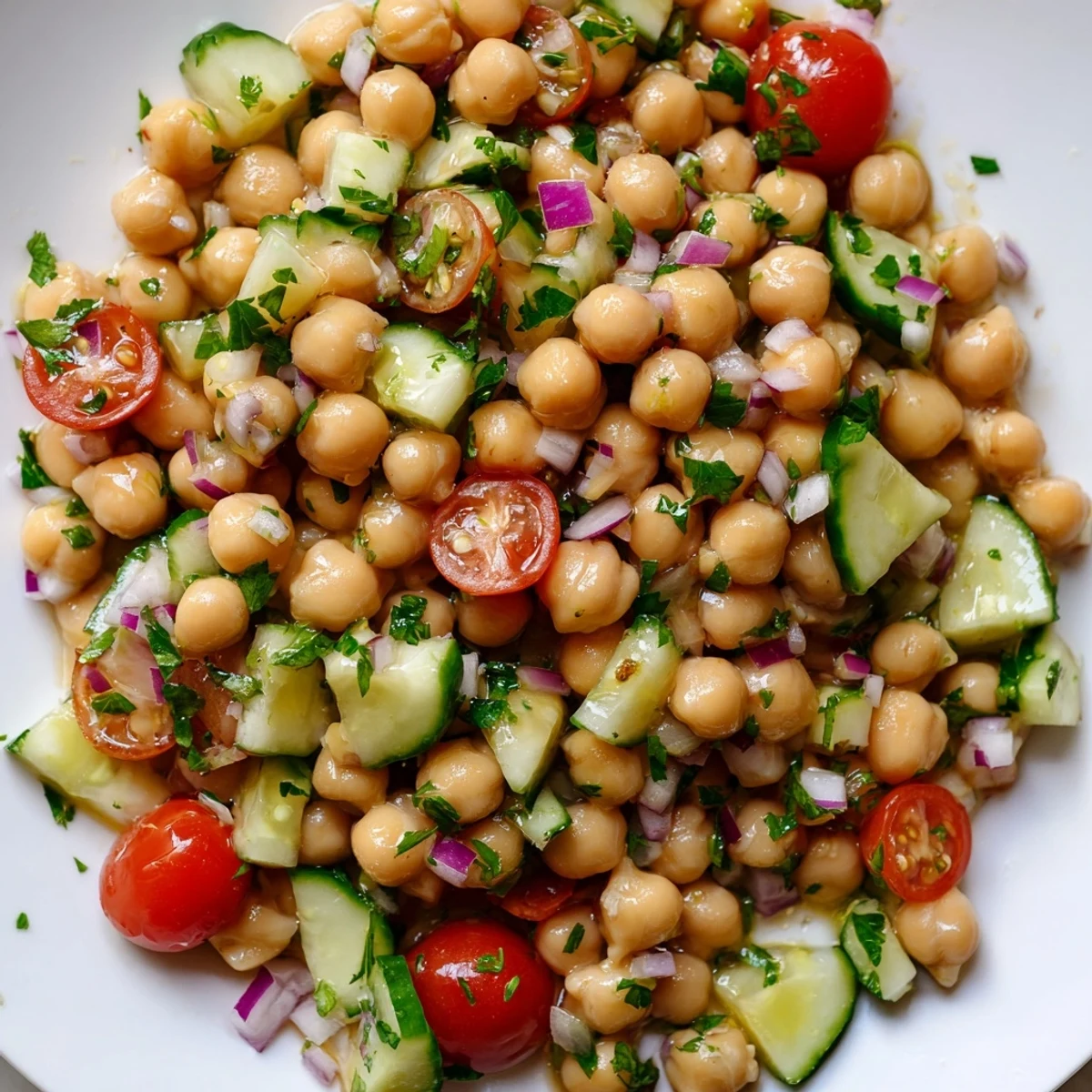 Fresh chickpea cucumber salad in a white bowl with lemon herb dressing drizzled on top