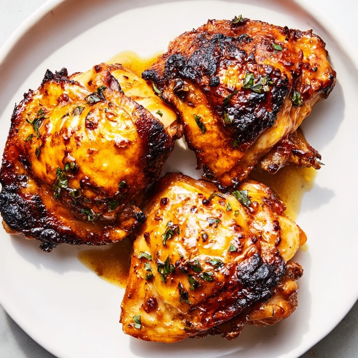 Golden crispy chicken thighs with caramelized marinade glaze on a rustic serving platter