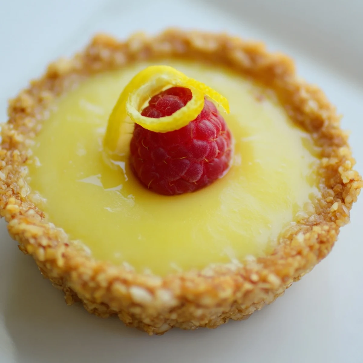 Golden mini vegan lemon tarts topped with fresh berries on a white serving plate