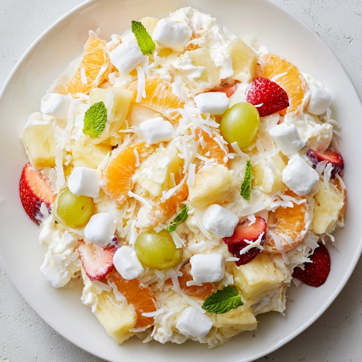 Creamy Hawaiian Cheesecake Salad topped with toasted coconut and fresh mint leaves