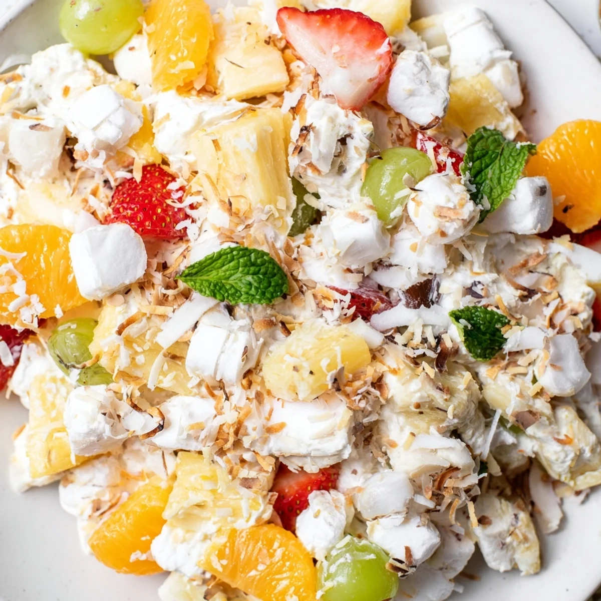 Tropical Hawaiian Cheesecake Salad featuring juicy pineapple, strawberries, and mandarin oranges