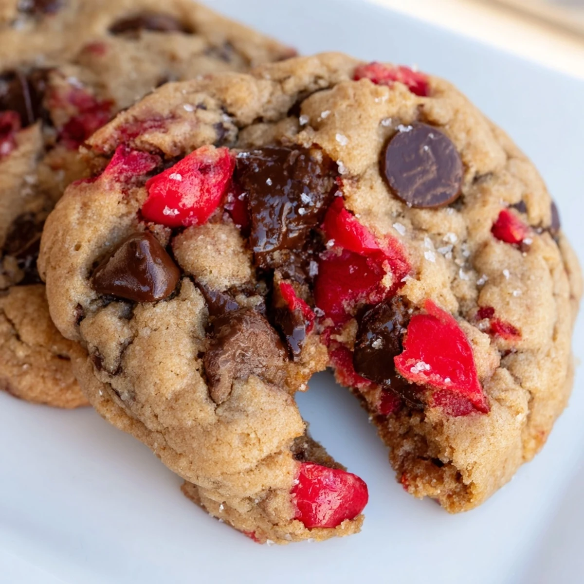 Soft maraschino cherry chocolate chip cookie with gooey melted chips and vibrant red fruit pieces
