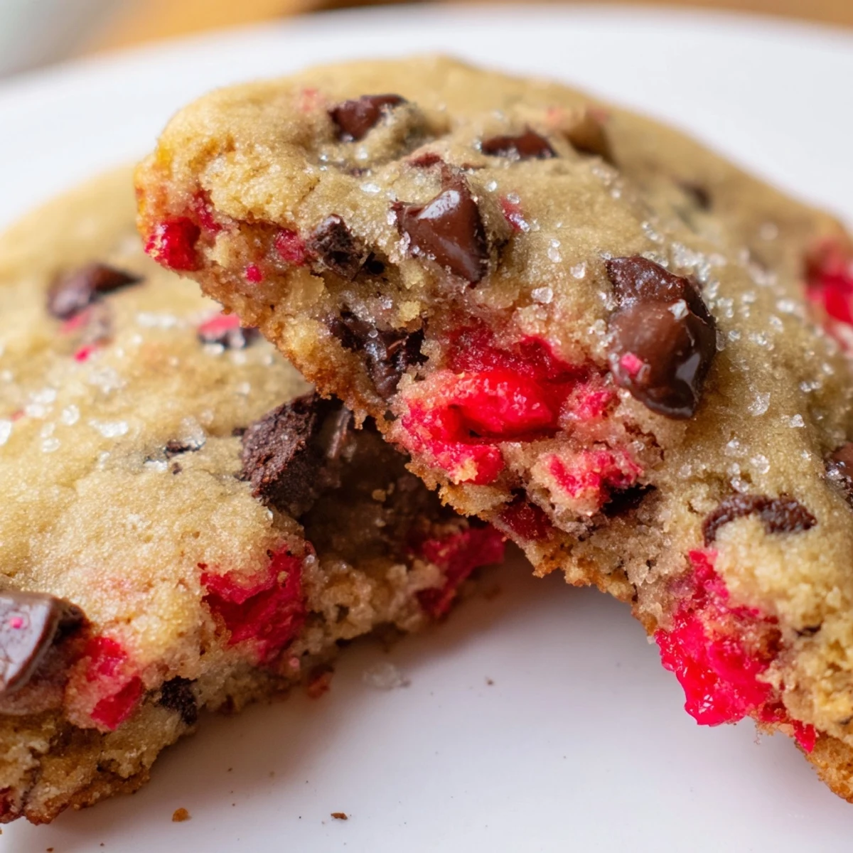 Golden-brown maraschino cherry chocolate chip cookie bursting with sweet cherries and rich chocolate chunks