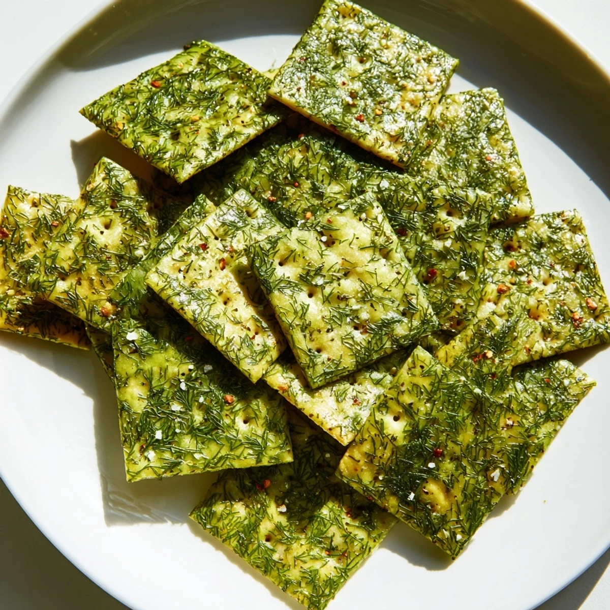 Crispy dill pickle saltines coated in tangy garlic butter, piled high for snacking.