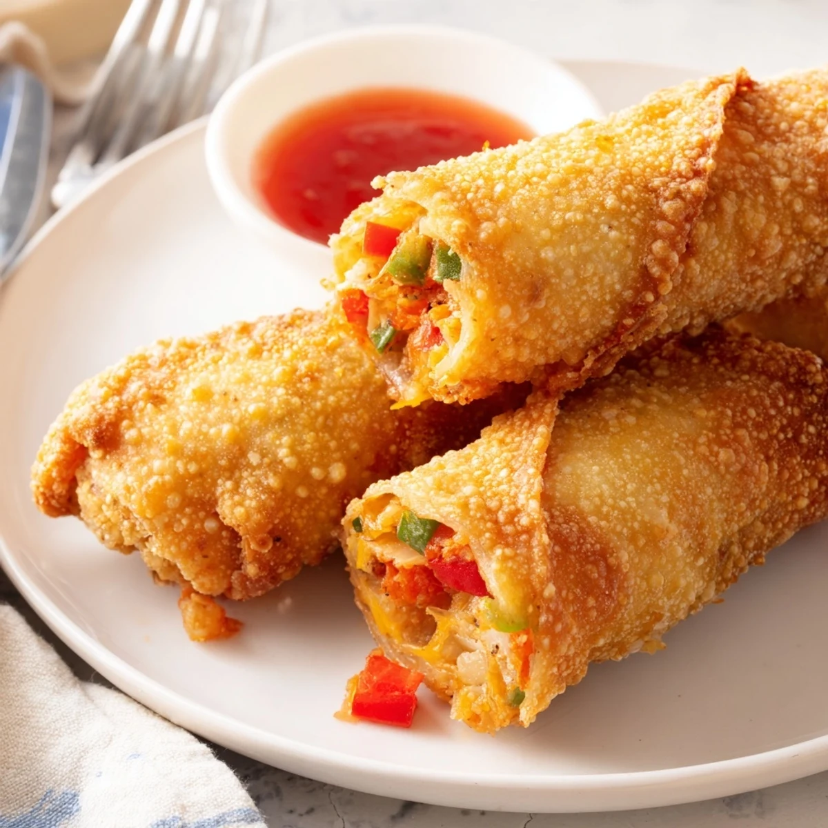 Golden crispy Voodoo Egg Rolls stacked on a rustic plate with spicy dipping sauce