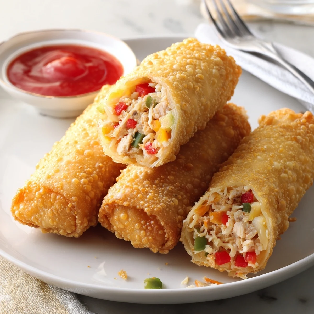 Plate of freshly fried Voodoo Egg Rolls served alongside tangy Creole mustard remoulade