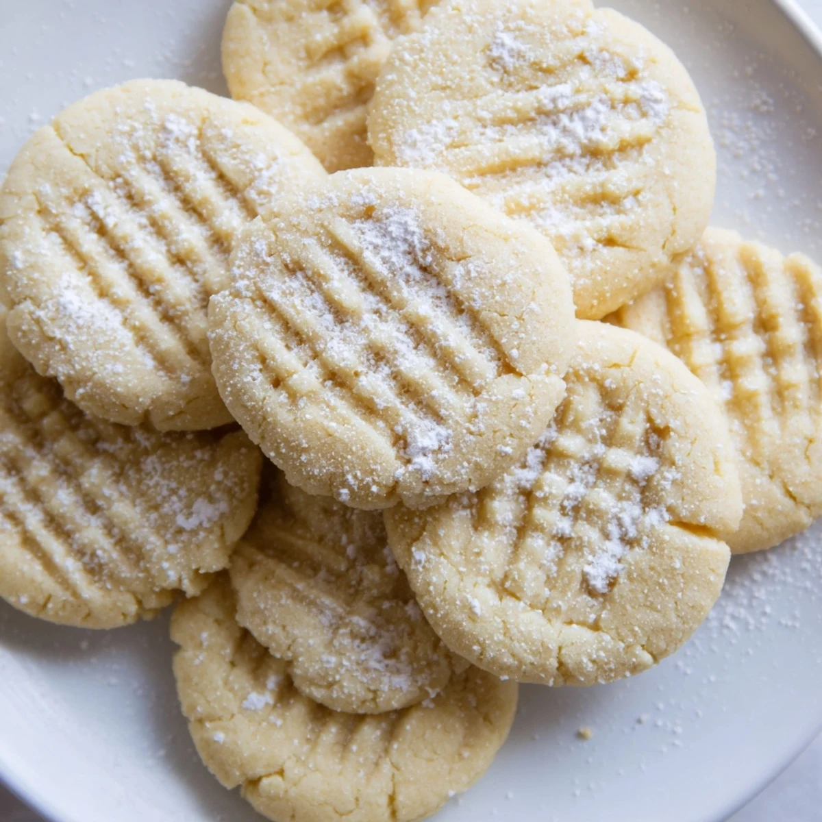 Golden Grandma's Secret Butter Cookies dusted with powdered sugar on a rustic wooden board