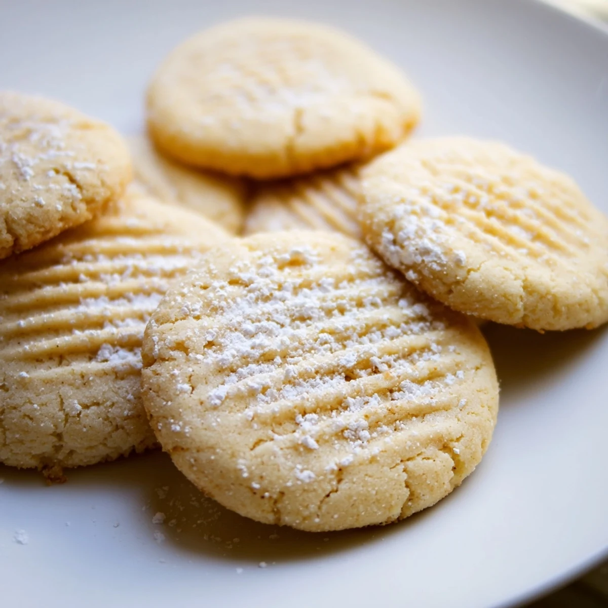 A close-up of Grandma's Secret Butter Cookies with lightly golden edges cooling on parchment paper
