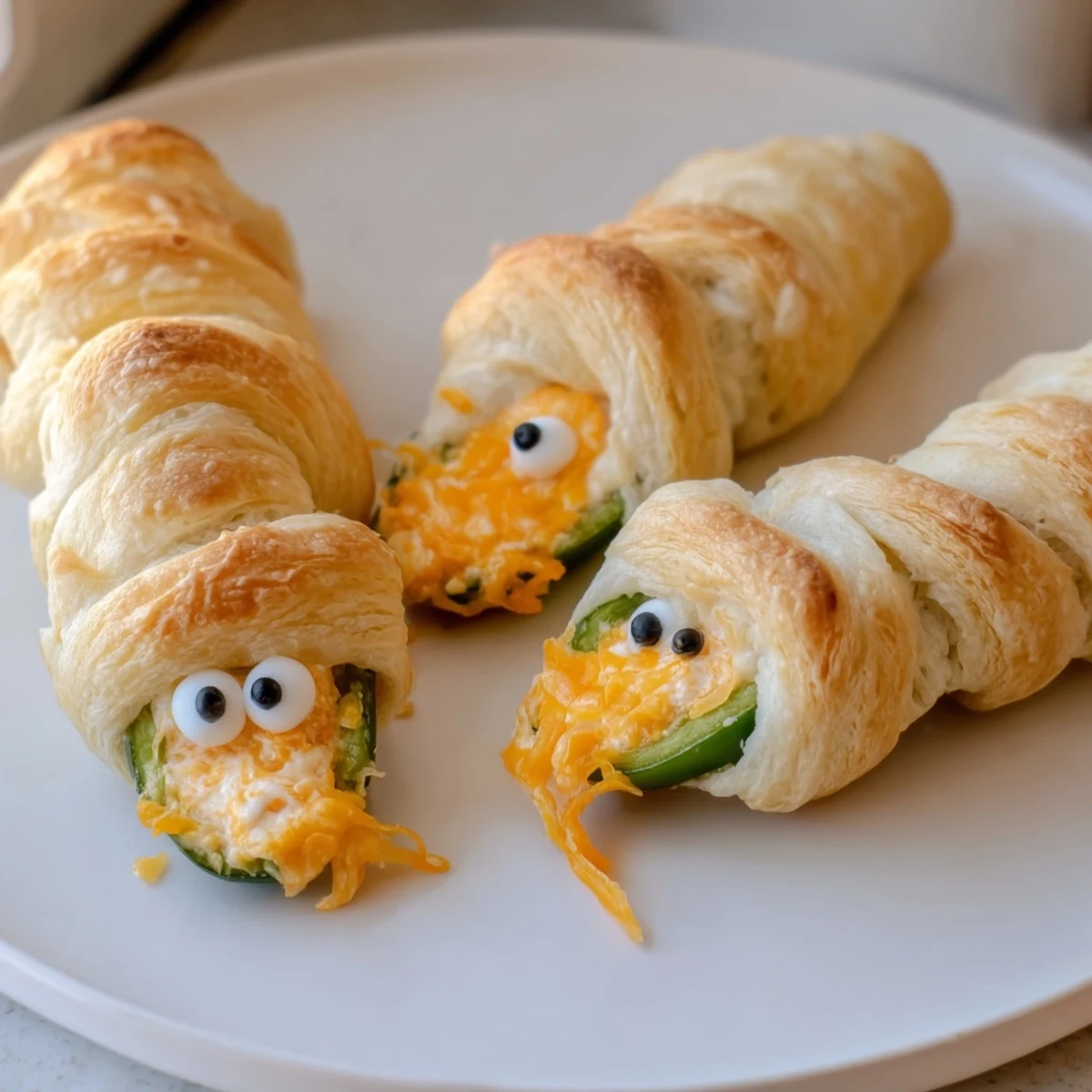 Crispy golden Mummy Jalapeno Poppers with melty cheese filling and candy eyes on a parchment-lined baking sheet