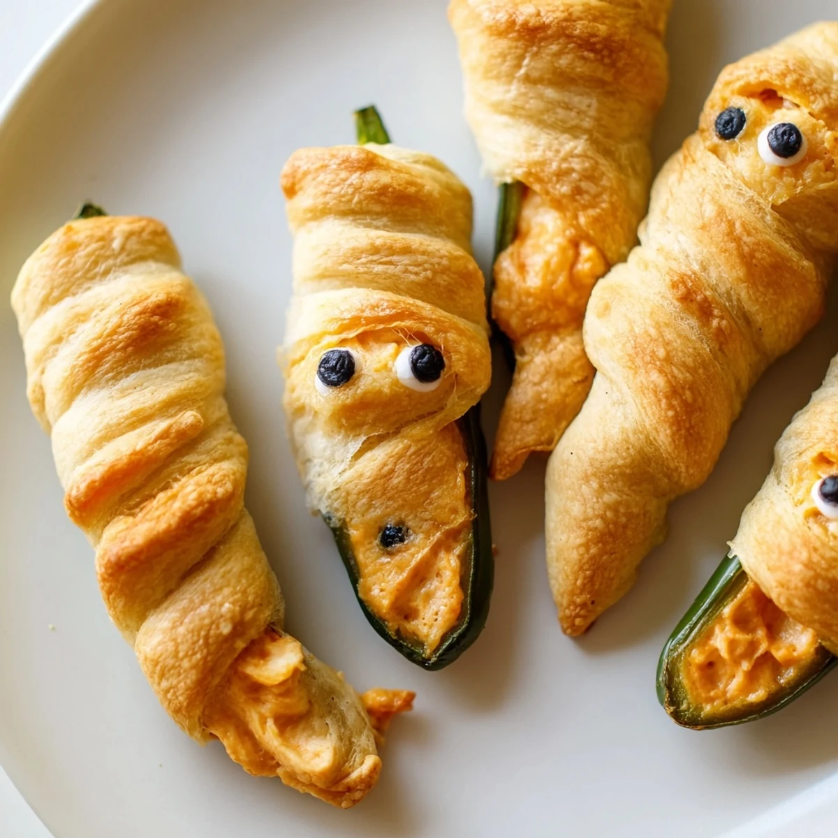 Spooky Mummy Jalapeno Poppers arranged on a rustic platter with gooey cheddar oozing from golden pastry